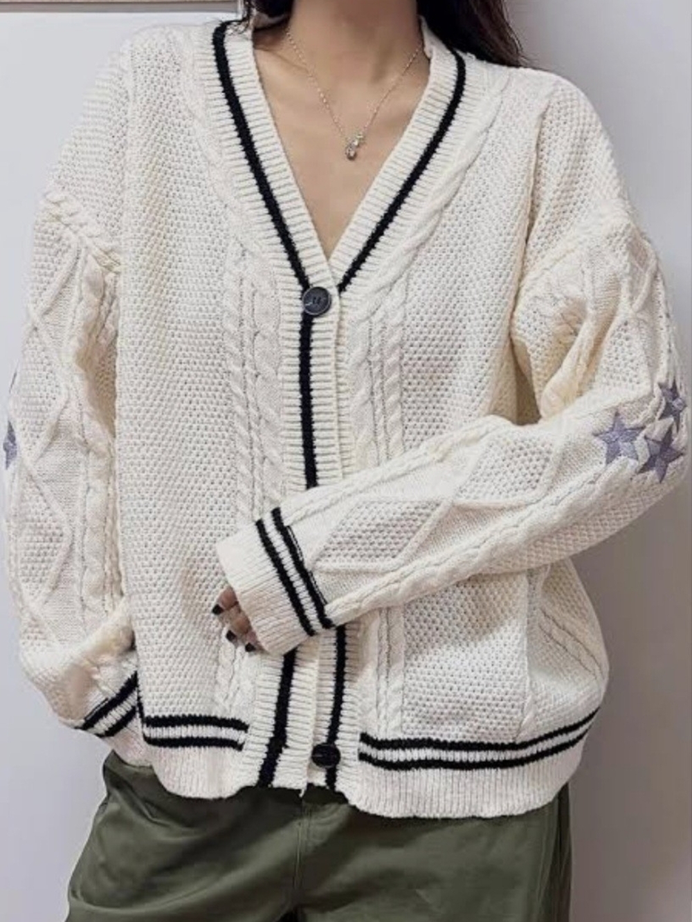 Taylor Swift Cream Cable-Knit Button Cardigan Sweater with Contrast Trim